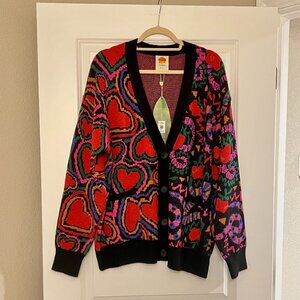 Farm Rio 'Forbidden Fruit' Black Red Heart Cardigan Sweater, NEW